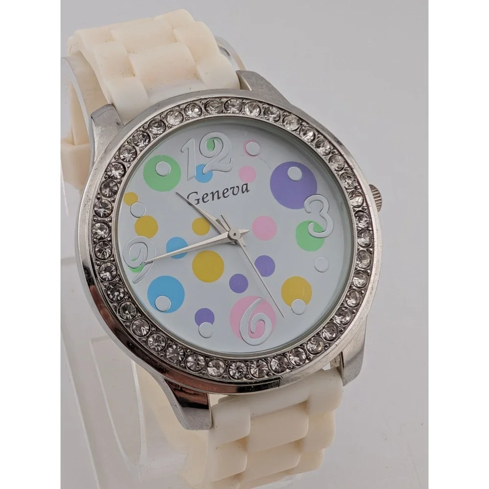 Geneva Watch Women Polka Dot Dial Crystal Bezel White Silicone Band- New Battery